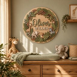 May include: A wooden, circular wall sign with the name "Oliver Wilder" in script. The sign features a jungle theme with a giraffe, elephant, lion, and zebra. Green leaves and vines surround the name. A stuffed giraffe and elephant are on a wooden dresser.