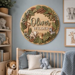 May include: A round wooden sign with the name "Oliver Wilder" in green and white lettering. The sign features a jungle theme with a giraffe, elephant, lion, zebra, and monkey. Green and brown leaves surround the animals.