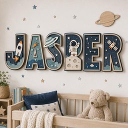May include: A set of wooden wall letters spelling JASPER, featuring a space theme with a rocket, planet, astronaut, moon, and satellite. Each letter is layered with dark blue, light blue, and cream colors, accented by small star cutouts.