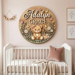 May include: A circular wooden wall sign featuring the name Adalyn Grace in raised lettering. The design includes a central brown teddy bear, a picnic basket, daisies, and small butterflies in soft pastel colors, all layered on a wood grain background.