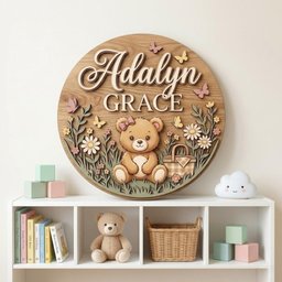 May include: A circular wooden wall sign featuring the name Adalyn Grace in raised lettering. The design includes a central brown teddy bear with a pink bow, surrounded by layered floral elements, butterflies, and a small picnic basket.