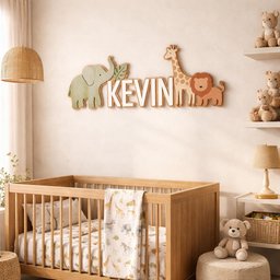 May include: A wooden nursery wall decoration featuring the name "KEVIN" in white letters, accompanied by animal cutouts of an elephant, giraffe, and lion in soft green and brown tones. The scene includes a crib with bedding and a teddy bear.