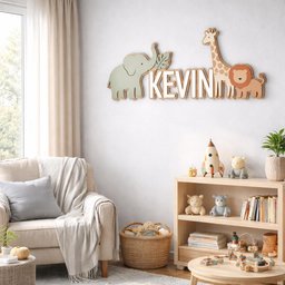 May include: A wooden wall decoration featuring the name "KEVIN" in white letters, flanked by a light green elephant, a giraffe, and a lion. The animals and letters are set against a white wall in a nursery setting.
