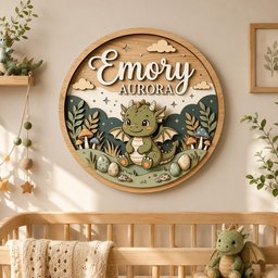 May include: A circular wooden wall sign featuring a layered 3D design of a green dragon sitting in a forest with mushrooms and eggs. The text Emory AURORA is displayed in white and dark brown lettering. The scene includes clouds and stars.