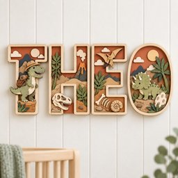 May include: A set of four wooden wall letters spelling THEO, featuring layered prehistoric scenes with a T-Rex, a volcano, a pterodactyl, a triceratops, dinosaur fossils, and tropical plants in shades of green, brown, orange, and cream.