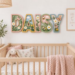 May include: A wall-mounted wooden sign spelling the name DAISY in large, individual letters. Each letter features a layered, three-dimensional design with pastel-colored borders, white daisies, green foliage, small bees, and butterflies.