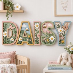 May include: A wall-mounted decorative sign spelling the name DAISY, featuring individual letters with layered designs of daisies, butterflies, and bees in pastel colors. Each letter has a unique floral motif with green, pink, and yellow accents.