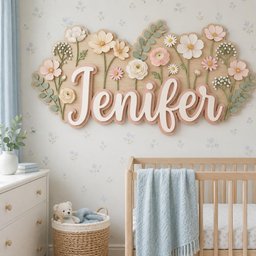 May include: A wooden wall sign featuring the name Jenifer in large white script letters with a soft pink outline. The sign is decorated with various three-dimensional paper flowers in shades of white, cream, and pink, along with green foliage.