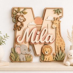 May include: A large wooden letter M wall decoration featuring the name Mila in script lettering. The design includes layered cutouts of a monkey on a vine, a giraffe, an elephant, and a lion, all rendered in soft earth tones and pastel colors.