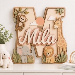 May include: A large wooden letter M wall decoration featuring the name Mila in script lettering. The design includes layered cutouts of a monkey, a giraffe, an elephant, and a lion, accented with green leaves, a sun, and clouds in soft pastel tones.