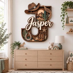 May include: A large, wooden, wall-mounted letter J featuring a western theme. The design includes a cowboy hat, a coiled rope, a desert landscape with mountains and cacti, a horseshoe, a sheriff star, and cowboy boots. The name Jasper is in white.