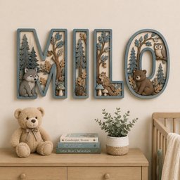 May include: A wall-mounted wooden sign spelling the name MILO, featuring carved forest scenes with a wolf, squirrel, owl, and bear. Each letter is framed in blue and decorated with trees, leaves, mushrooms, and pinecones in earthy tones.