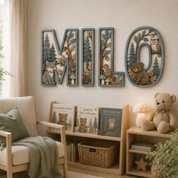 May include: Four large, decorative wooden wall letters spelling MILO, featuring intricate forest-themed carvings including a wolf, squirrel, owl, and bear, surrounded by trees, leaves, and mushrooms in shades of blue, brown, and cream.