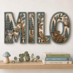May include: A wall-mounted wooden sign spelling the name MILO, featuring carved forest scenes with a wolf, squirrel, owl, and bear. Below, a blue mushroom figurine, a green eucalyptus sprig, and three books titled Goodnight, Forest, Baby Bear, and Little Owl's Day.