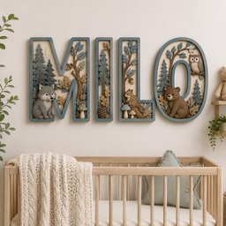 May include: A set of five wall-mounted wooden letters spelling the name MILO. Each letter features a forest theme with carved details including pine trees, oak leaves, mushrooms, a gray wolf, a brown squirrel, a brown bear, and an owl.