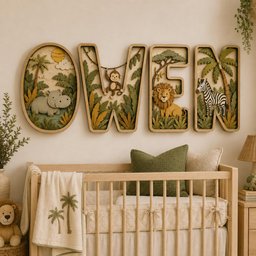 May include: A set of four wooden wall letters spelling OWEN, each featuring layered jungle scenes with a hippo, a monkey, a lion, and a zebra. The letters are crafted with natural wood tones and green foliage accents, mounted above a wooden crib.