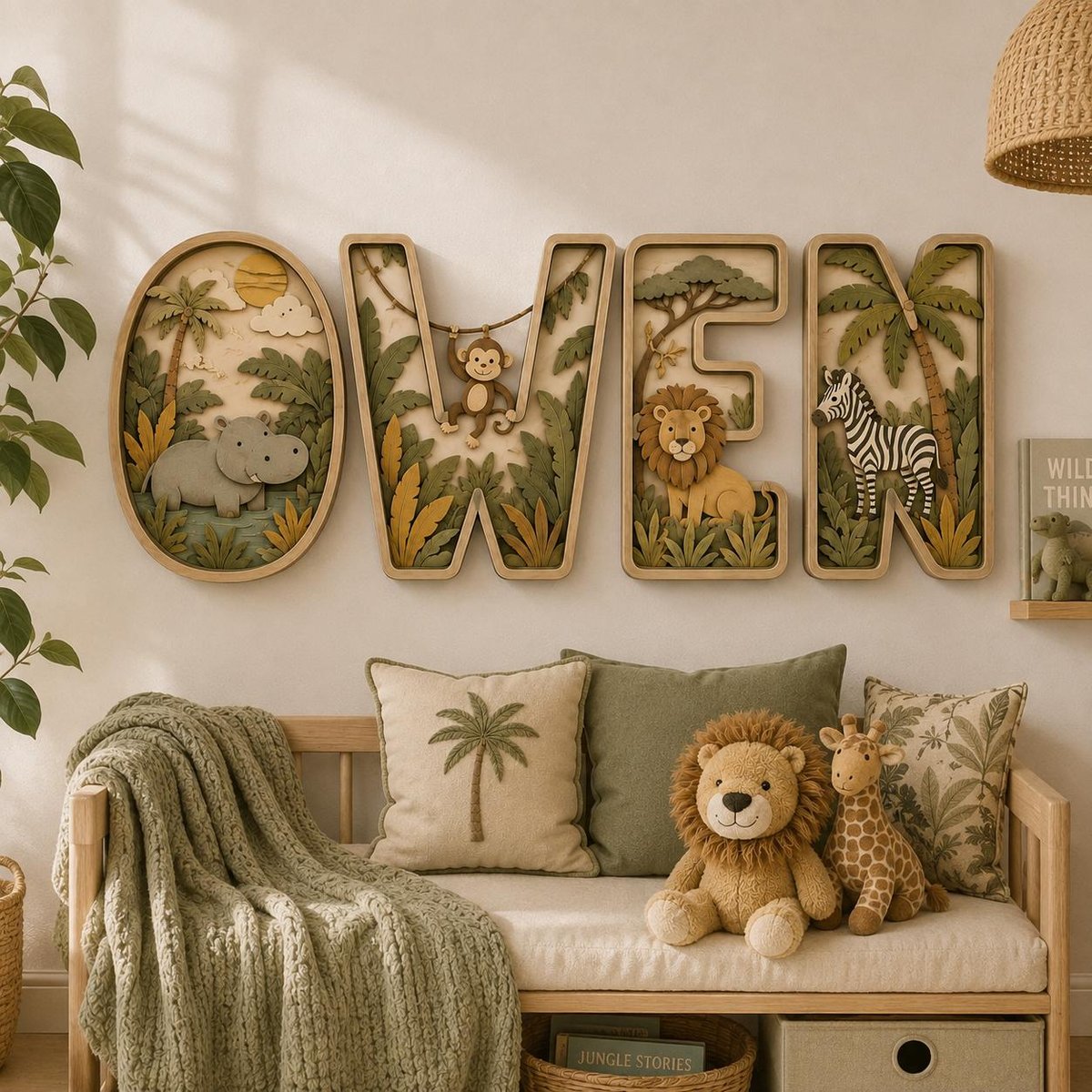 May include: A wall-mounted wooden name sign spelling OWEN, where each letter is a framed shadowbox featuring layered jungle scenes with a hippo, monkey, lion, and zebra. The letters are crafted with natural wood tones and green foliage.