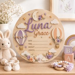 May include: A circular wooden birth announcement sign featuring the name Luna Grace in purple and peach script. The design includes two hot air balloons, a crescent moon, stars, clouds, and floral accents with lines for date, time, weight, and length.