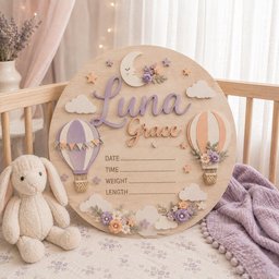 May include: A circular wooden sign featuring the name Luna Grace in purple and peach script. The design includes a crescent moon, two hot air balloons, clouds, and floral accents. Printed lines for date, time, weight, and length are included.