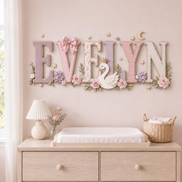 May include: A wall-mounted decorative sign spelling the name EVELYN in large, multi-patterned letters. The letters feature shades of pink, purple, and cream with floral accents, a pink fabric bow, a white swan with a gold crown, and small stars.