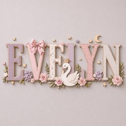 May include: Decorative wall letters spelling EVELYN in pastel shades of purple, pink, and cream. The letters feature patterns including polka dots, stripes, and floral prints, accented with a pink bow, a swan with a gold crown, and small flowers.