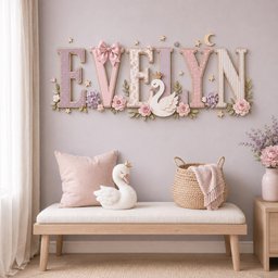 May include: A wall-mounted name sign spelling EVELYN in large, decorative letters featuring pink, purple, and floral patterns, accented with a bow, a swan, stars, and a moon. Below, a white bench holds a pink pillow, a swan figurine, and a woven basket.