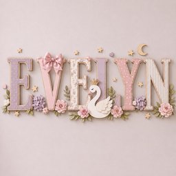 May include: Decorative wall letters spelling the name EVELYN in pastel colors. The letters feature patterns like polka dots, stripes, and floral prints. A pink satin bow sits on the V, and a white swan with a gold crown is placed by the L.