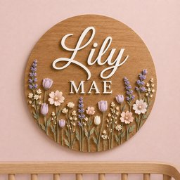 May include: A circular wooden wall sign featuring the name Lily MAE in white lettering. The top line displays Lily in a cursive script, while the bottom line shows MAE in a serif font. The base is decorated with 3D floral stems in lavender, pink, and white.