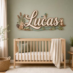May include: A wooden wall sign featuring the name Lucas in large script lettering, decorated with layered cutouts of a beaver, a duck, an otter, a turtle, a frog, and cattails, all set against a stylized blue water and green landscape background.