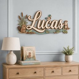 May include: A wooden wall sign featuring the name Lucas in large, cream-colored script lettering. The design includes layered cutouts of a brown beaver, a mallard duck, a green frog, a turtle, an otter, and cattails set against a blue water base.