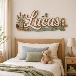 May include: A wooden wall sign featuring the name Lucas in large script lettering, decorated with layered cutouts of a beaver, a mallard duck, an otter, a turtle, a frog, and cattails, all set against a painted blue water and green grass base.