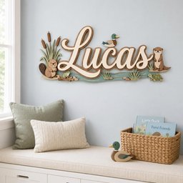 May include: A wooden wall sign featuring the name Lucas in large script lettering, decorated with layered cutouts of a beaver, a mallard duck, an otter, a turtle, a frog, and cattails, all rendered in natural earth tones and soft greens.