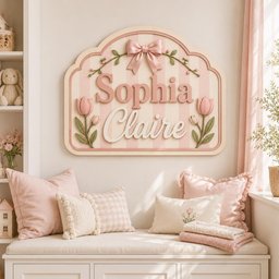 May include: A decorative wall sign featuring the name Sophia Claire in pink and white lettering. The sign has a light pink and white striped background, a pink bow at the top, and pink tulip illustrations on the left and right sides.