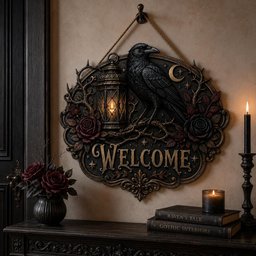 May include: An oval wall plaque featuring a black raven perched on a branch next to a lit lantern. The plaque is decorated with dark red roses, thorny vines, and a crescent moon. The word WELCOME is embossed in gold lettering at the bottom center.