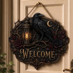 May include: An oval wall sign featuring a black raven perched next to a lit lantern, surrounded by dark red roses and thorny branches. The word WELCOME is embossed in gold lettering at the bottom, with a crescent moon and stars above the raven.