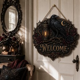 May include: An oval wall hanging sign featuring a black raven perched next to a lit lantern, surrounded by dark red roses and thorny branches. The word WELCOME is embossed in gold lettering at the bottom, with a crescent moon and stars above.