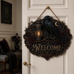 May include: An oval wall plaque featuring a black raven perched on thorny branches next to a lit lantern. The plaque includes dark red roses, a crescent moon, stars, and the word WELCOME in gold lettering. It hangs from a tan rope on a white door.