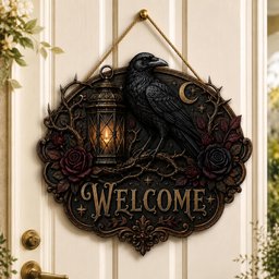 May include: An oval wall sign featuring a black raven perched next to a lit lantern, surrounded by dark roses and thorny branches. The word WELCOME is embossed in gold lettering at the bottom, with a crescent moon and stars above, all suspended by a rope.