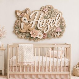 May include: A wall-mounted wooden sign featuring the name Hazel in white script lettering, surrounded by a relief carving of a fawn, pink flowers, green leaves, a butterfly, and mushrooms in soft pastel tones, displayed above a wooden crib.