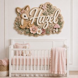 May include: A wooden wall sign featuring the name Hazel in white script lettering, surrounded by a relief carving of a fawn, pink flowers, green leaves, a butterfly, and mushrooms. The sign is mounted above a white crib with a pink blanket.