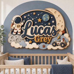 May include: A layered wooden wall sign featuring the name Lucas Grey in dark blue and orange script. The design includes a cartoon astronaut, a crescent moon, a planet Earth, stars, and a lunar rover on a dark blue background with clouds.