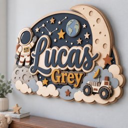 May include: A layered wooden wall sign featuring the name Lucas Grey in dark blue and gold lettering. The design includes a space theme with a crescent moon, an astronaut, a planet Earth, stars, clouds, and a rover vehicle in shades of blue and tan.