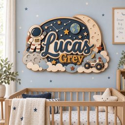 May include: A layered wooden wall sign featuring the name Lucas Grey in dark blue and orange script. The design includes a white astronaut, a crescent moon, a small Earth, stars, and a lunar rover on a gray cratered surface with light blue clouds.