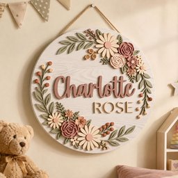 May include: A circular wooden wall sign with a white wood grain finish, featuring the name Charlotte ROSE in raised lettering. The sign is decorated with a layered floral arrangement of sage green leaves, cream daisies, and dusty rose-colored roses.