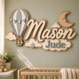 May include: A wall-mounted wooden sign featuring the names Mason and Jude in script and block lettering. The design includes a blue and cream hot air balloon, a smiling crescent moon, and several clouds, all in a layered, multi-dimensional style.