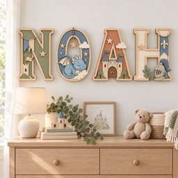 May include: A set of four decorative wooden letters spelling NOAH, featuring layered designs of a castle, a sleeping blue dragon, and a knight's helmet. The letters are painted in muted tones of sage green, dusty blue, and terracotta with star accents.