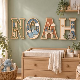 May include: A set of four large wooden wall letters spelling the name NOAH. Each letter features layered cutouts including a castle, a sleeping blue dragon, stars, clouds, and a knight's helmet in shades of blue, cream, and terracotta brown.