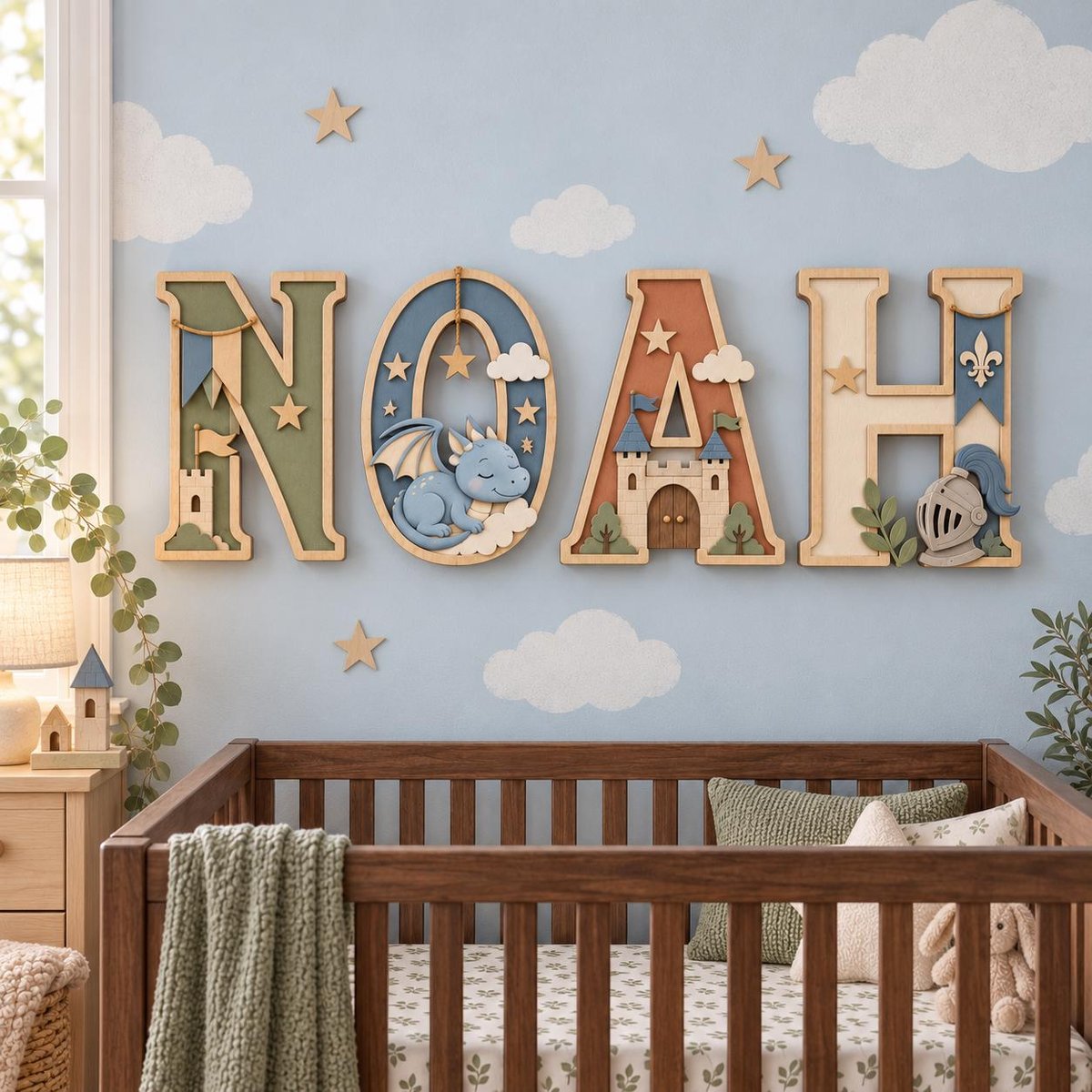 May include: A set of decorative wooden wall letters spelling NOAH, featuring a light blue, green, and tan color palette. The letters include cut-out designs of a castle, a sleeping dragon, clouds, stars, and a knight's helmet.