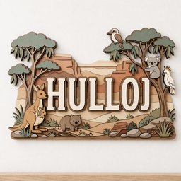 May include: A layered wooden wall sign featuring the name HULLOJ in large cream letters. The design depicts an Australian landscape with a kangaroo, a joey, a wombat, a koala, a kookaburra, and a cockatoo, all rendered in muted earth tones.