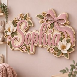 May include: A decorative wall sign featuring the name Sophia in raised, dusty pink script lettering. The sign is adorned with layered, three-dimensional white and pink flowers, sage green leaves, small gold spheres, and a large dusty pink bow.